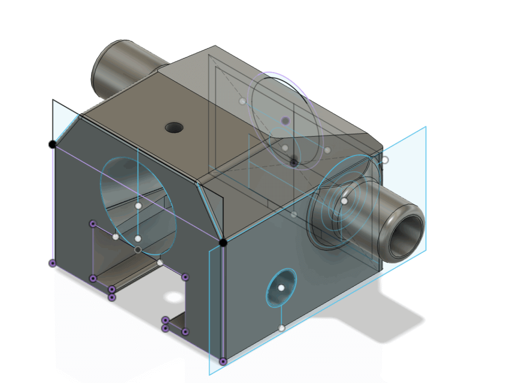 3D model in CAD software with blue projection lines 